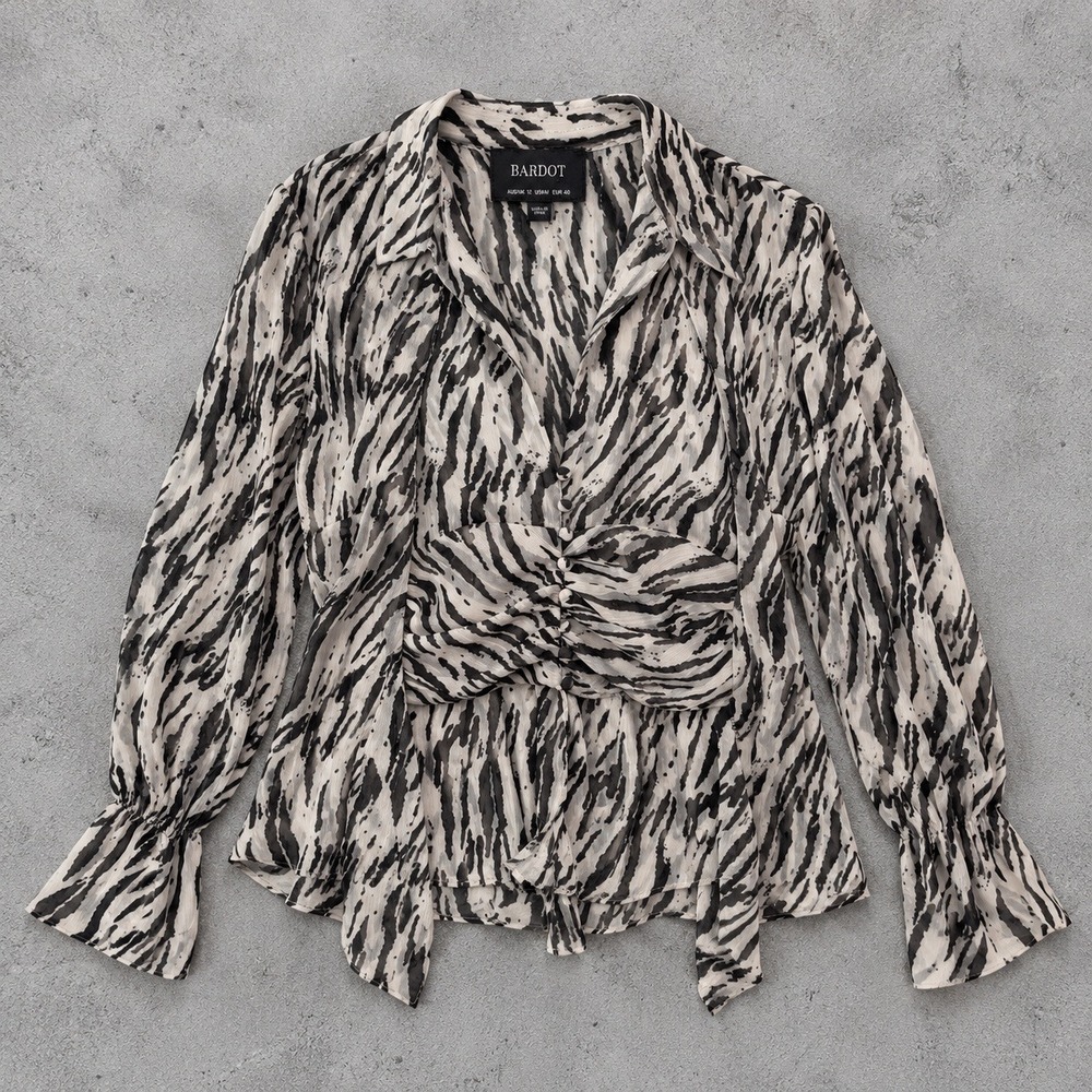 Bardot Zebra Print Ruffle Tie-Front Blouse Black White Animal Print Size 8